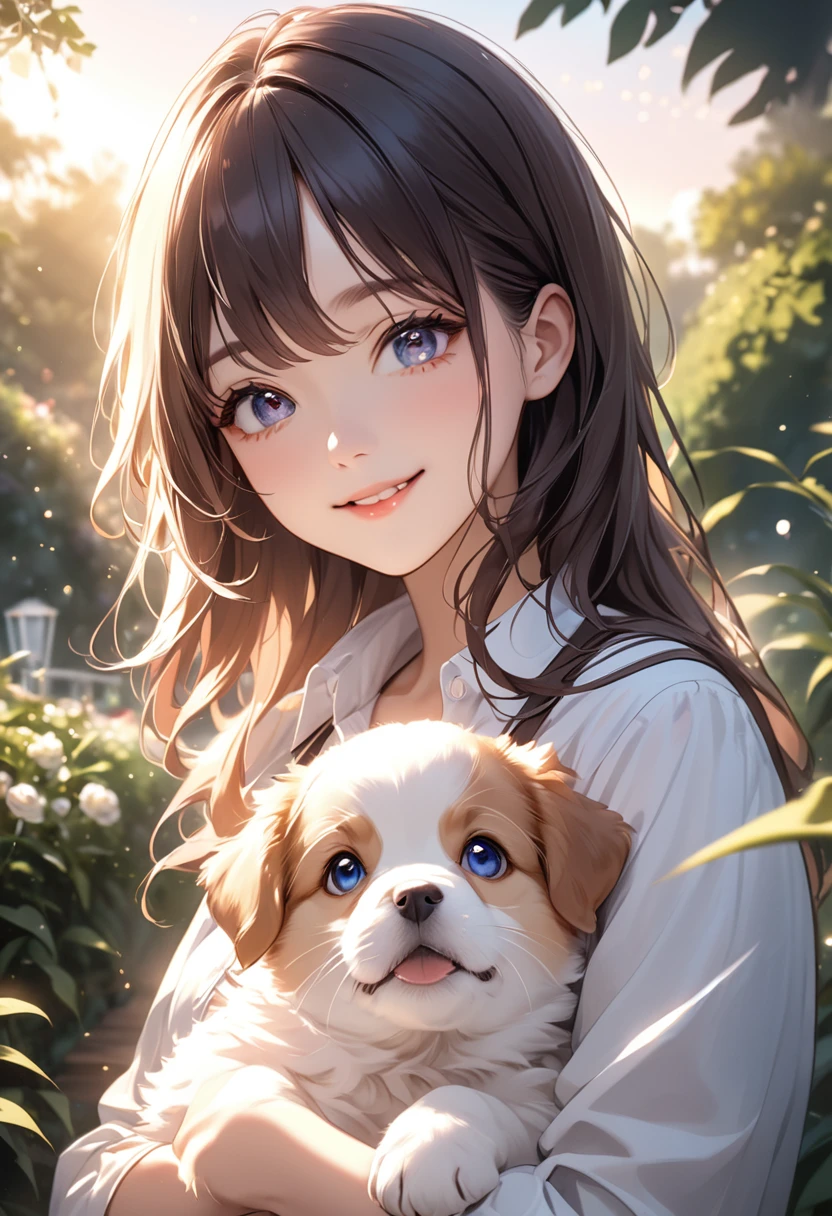 (masterpiece:1.5),(Beat quality),(high res),1girl solo,beautiful face,smile(shining eyes),upper body,light effects,Plainclothes woman,puppy,garden