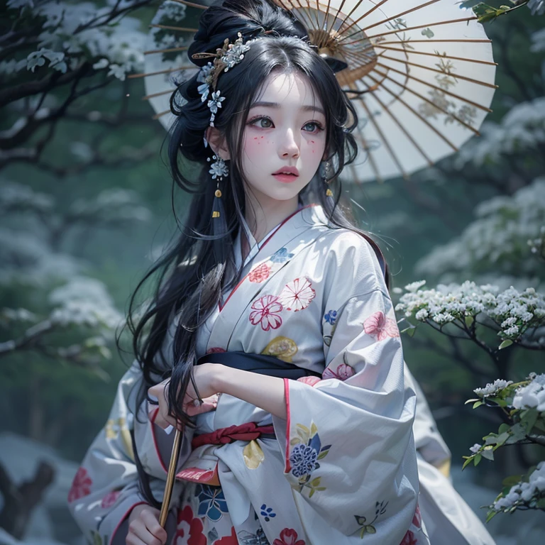 (Award-winning masterpiece, Very detailed, Texture and maximum detail), (Surreal:1.4), (stunningly anatomically perfect and beautiful style:1.9), (Transparent white skin and the highest quality realistic texture:1.8), (Yuki-onna who appears in Japanese folk tales:1.6), (Accurate perfect circle, Symmetrical pitch black eyes), (detailed and breathtakingly beautiful face:1.6), (Aesthetic and decadent atmosphere:1.7), (Calm, Traditional Japanese kimono that covers the whole body、that'place々Corrupted, Elegant and delicate pattern:1.8), (Pale skin, but、White skin and face:1.6), (beautiful, Shiny hair blown by the wind:1.8), (The Hyogo-mage of a courtesan:0.6), (Decadent attire, Carefully crafted accessories:1.8), (Fallen Beauty:1.6), (Pitch black eyes that seem to glow from within:1.7), (Less exposed skin), (The strong moonlight shines from above:1.7), ((Dramatic Photos)), ((Cinematic light)), (look up), (Look down), (Dramatic Pose), (Smoke effects and mesmerizing lights:1.4), (Bamboo forest behind:0.3), Amida Hall in the back, Vermilion torii gate(fog:1.3), Wind effects, Swirling Snow, Winter Storm, wind and rain, (fogが漂う:1.3), Snowstorm Ice Field, A quiet snowy field illuminated by moonlight, Midnight in a snowy town, (Dark Night, Full moon night, Crescent Moon Night), Spectacular and realistic, Faded, ((Neutral Tones)), art, (High resolution:1.5), (Calm colors:1.2), Very detailed, (artstation:1.5), Cinematic, Warm Light, Light effects, Dramatic Light, (Intricate details:1.1), Complex background, (Greg Rutkowski:0.8), (blue green and orange:0.4)