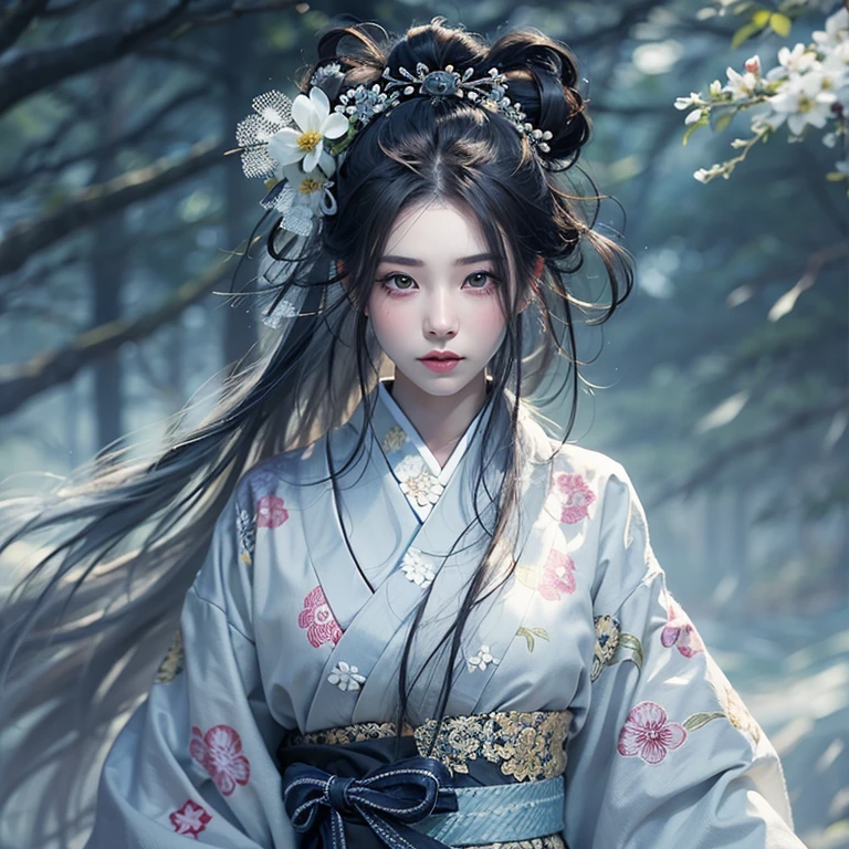 (Award-winning masterpiece, Very detailed, Texture and maximum detail), (Surreal:1.4), (stunningly anatomically perfect and beautiful style:1.9), (Transparent white skin and the highest quality realistic texture:1.8), (Yuki-onna who appears in Japanese folk tales:1.6), (Accurate perfect circle, Symmetrical pitch black eyes), (detailed and breathtakingly beautiful face:1.6), (Aesthetic and decadent atmosphere:1.7), (Calm, Traditional Japanese kimono that covers the whole body、that'place々Corrupted, Elegant and delicate pattern:1.8), (Pale skin, but、White skin and face:1.6), (beautiful, Shiny hair blown by the wind:1.8), (The Hyogo-mage of a courtesan:0.6), (Decadent attire, Carefully crafted accessories:1.8), (Fallen Beauty:1.6), (Pitch black eyes that seem to glow from within:1.7), (Less exposed skin), (The strong moonlight shines from above:1.7), ((Dramatic Photos)), ((Cinematic light)), (look up), (Look down), (Dramatic Pose), (Smoke effects and mesmerizing lights:1.4), (Bamboo forest behind:0.3), Amida Hall in the back, Vermilion torii gate(fog:1.3), Wind effects, Swirling Snow, Winter Storm, wind and rain, (fogが漂う:1.3), Snowstorm Ice Field, A quiet snowy field illuminated by moonlight, Midnight in a snowy town, (Dark Night, Full moon night, Crescent Moon Night), Spectacular and realistic, Faded, ((Neutral Tones)), art, (High resolution:1.5), (Calm colors:1.2), Very detailed, (artstation:1.5), Cinematic, Warm Light, Light effects, Dramatic Light, (Intricate details:1.1), Complex background, (Greg Rutkowski:0.8), (blue green and orange:0.4)