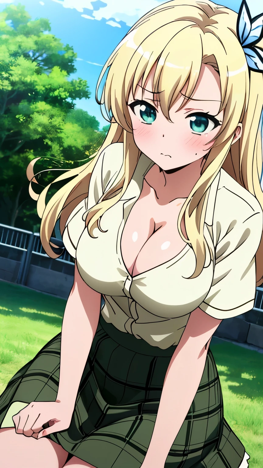 (masterpiece, best quality, 8k:1.2), (anime), sena, long hair, hair ornament, glamour, large breasts, (short sleeve, white shirt, cleavage, checkered skirt, green skirt,  blush, schoolyard, summer), dynamic angle