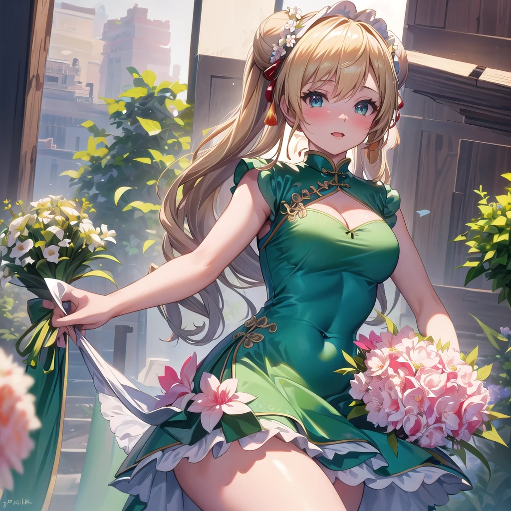 30 years old,1 girl,hyperrealistic, 8k, (extremely detailed 8k), (very delicate and beautiful), (masterpiece), (better quality:1.0), (ultra high resolution:1.0), (masterpiece, best quality), cute,blonde,cleavage cutout,(broen dress:1.3),(crop top navel:1),gleaming skin,twintails,twin bun,a red ribbon on the head,long hair,light green frill Chinese-made dress,close up of face,delighted,pjnk border,hold a bouquet of flwers,from the front,a bunch of flowers,POV,bust shot