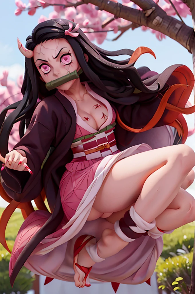 1 woman, full body, nezuko kamado oni mode, with bamboo in her mouth, demon slayer, beautiful, long hair, pink eyes, perfect, ultra hd, naked, showing her breasts, showing her pussy, nails like claws, perfect feet, demon slayer scenario