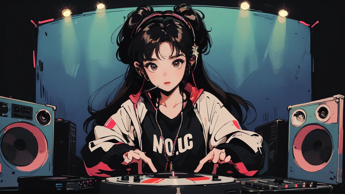 DJ girl in hip-hop fashion wearing a cool headset,Front view , Two large LED-illuminated speakers on each side, Immerse yourself in a neon-lit environment, In front of her is a music mixer and a turntable.、A record is placed on the turntable,Two turntables and a mixer from Technics, DMC, DMC World DJ Championships,