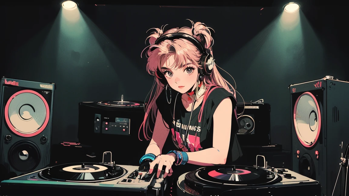 DJ girl in hip-hop fashion wearing a cool headset,Front view , Two large LED-illuminated speakers on each side, Immerse yourself in a neon-lit environment, In front of her is a music mixer and a turntable.、A record is placed on the turntable,Two turntables and a mixer from Technics, DMC, DMC World DJ Championships,
