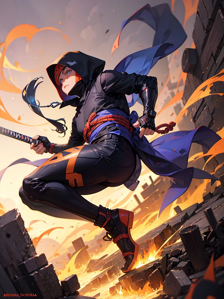 A ninja's masterpiece, por Aase Berg, high contrast color details, black andwhite, anime styling, Japanese theme, hyperdetailed, ultra quality, 4K, complex lighting, Bright dark, white background with one color paint stains, drawing line made with 0.Caneta Rottring 5mm