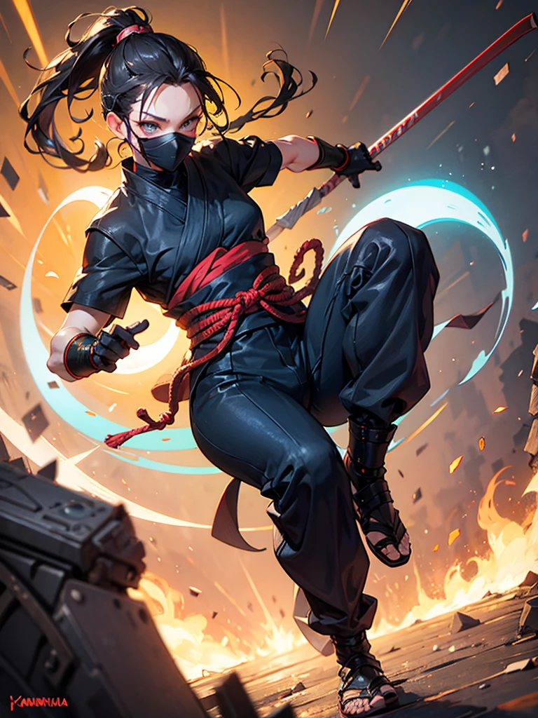 A ninja&#39;s masterpiece, por Aase Berg, high contrast color details, black andwhite, anime styling, Japanese theme, hyperdetailed, ultra quality, 4K, complex lighting, Bright dark, white background with one color paint stains, drawing line made with 0.Caneta Rottring 5mm