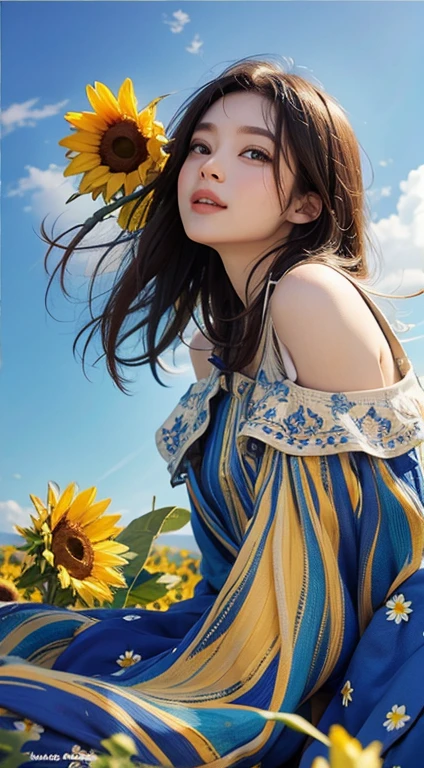 Flowers and blue sky、Autumn sky and beautiful sunflowers、Landscape photo of a vast sunflower field、(View of the sky and wilderness from below)、Girl looking up at the blue sky、Draw a big picture of the sky、Tabletop、Highest quality、perfect pretty smile face, Perfect Face, Five Fingers, Two arms,