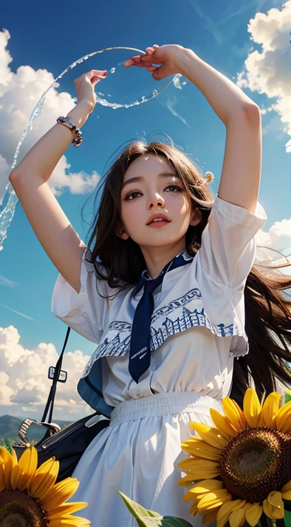 (Best Quality, hight resolution, masutepiece :1.3), (Taken from below), Pretty Woman, Orange sunset sky, Sun and clouds on sea background, Cute girl in uniform. Her hair is light brown in medium bob style. She wears a white blouse and pleated skirt, squatted with legs wide open, Blushing face, looking in camera, Dynamic shooting angle