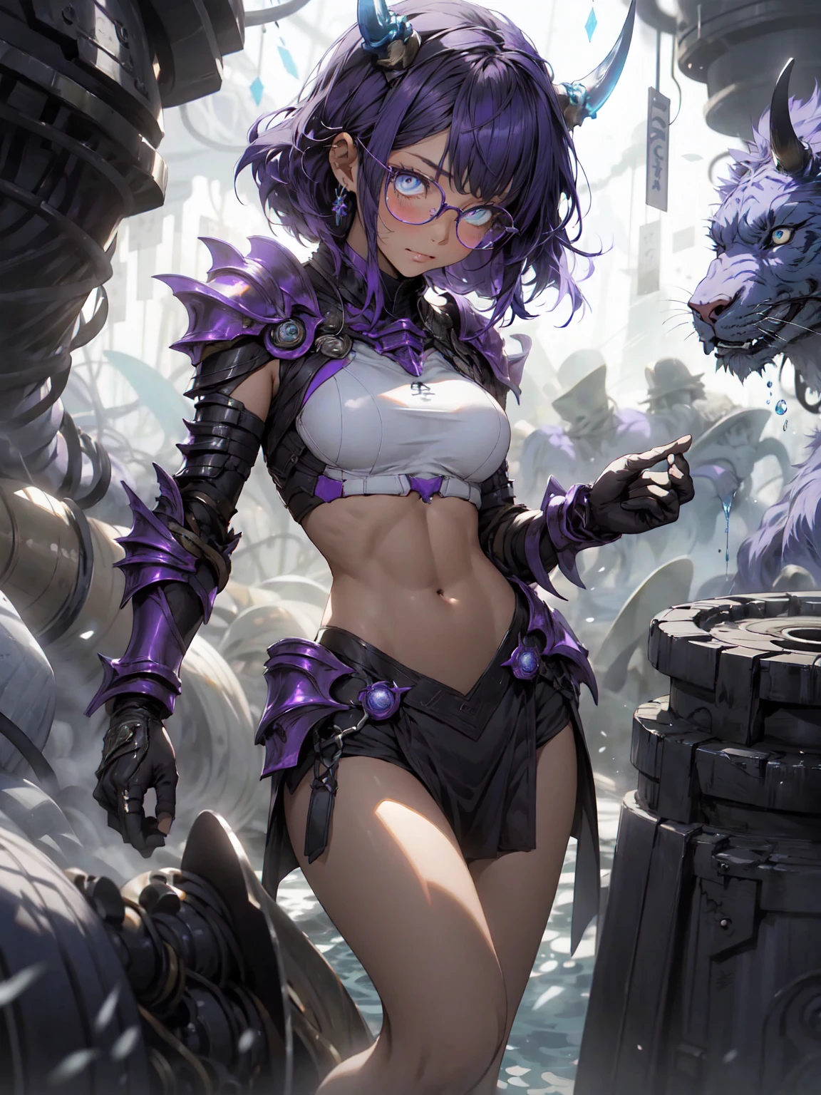Be realistic,(masterpiece,Highest quality,Highest quality,Very detailed,Fractal Art,Most detailed,(Abstract background:1.5)(1 Girl),Kamimei,Glasses,Purple Hair,Hair length,(Sparkling Blue Eyes、Toned Abs),Big Breasts,Abyss Stick,crystallization,Swimsuit、High leg,sexy、Machinery Armor,Devil horns、Berserk、mini skirt、Big scar on stomach