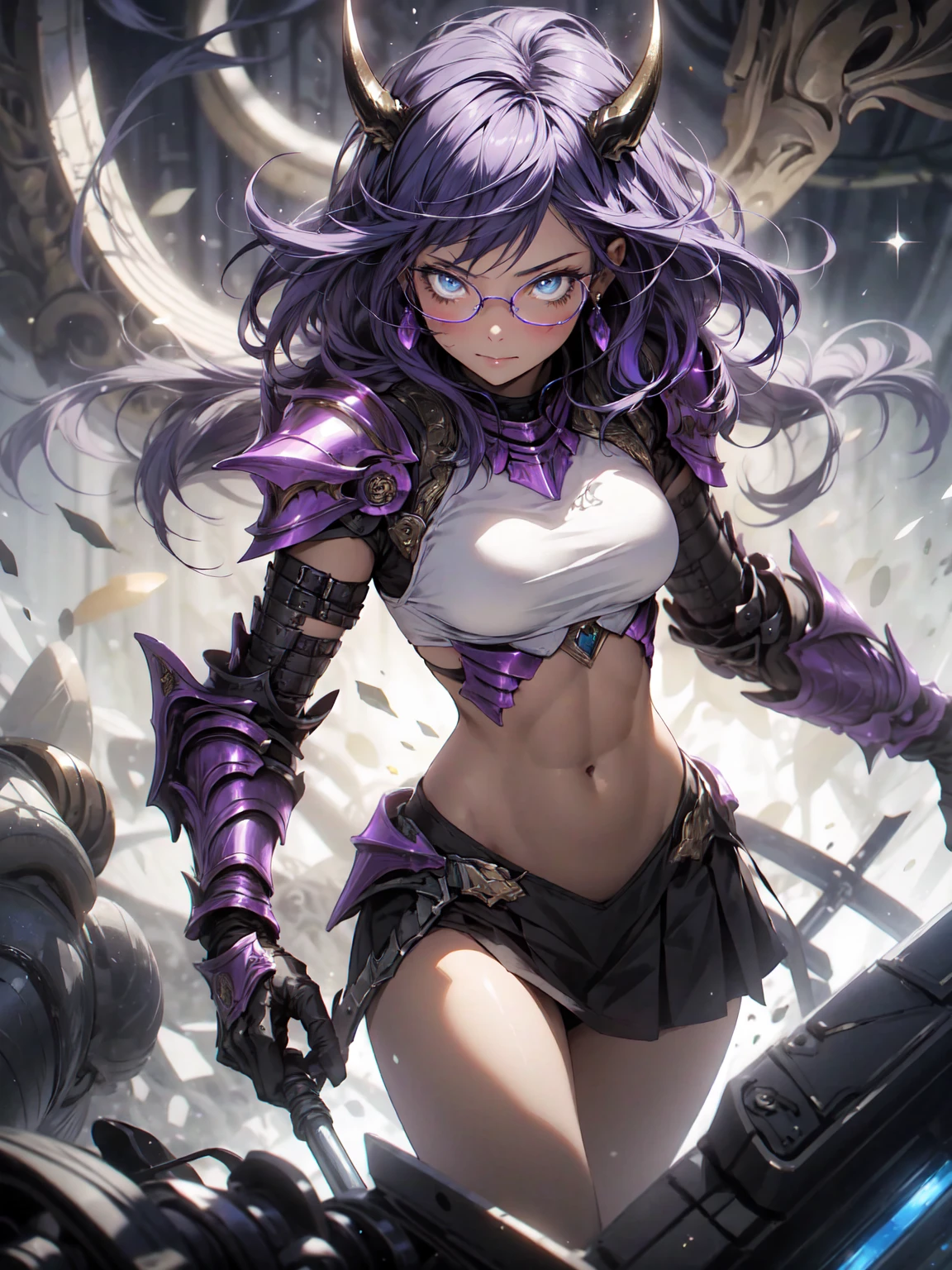 Be realistic，（masterpiece，Highest quality，Highest quality，Very detailed，Fractal Art，Most detailed，（Abstract background：1.5）（1 Girl），Kamimei，Glasses，Purple Hair，Hair length，（Sparkling Blue Eyes、Toned Abs），Big Breasts，Abyss Stick，crystallization，Swimsuit、High leg，sexy、Machinery Armor，Devil horns、Berserk、mini skirt、Big scar on stomach