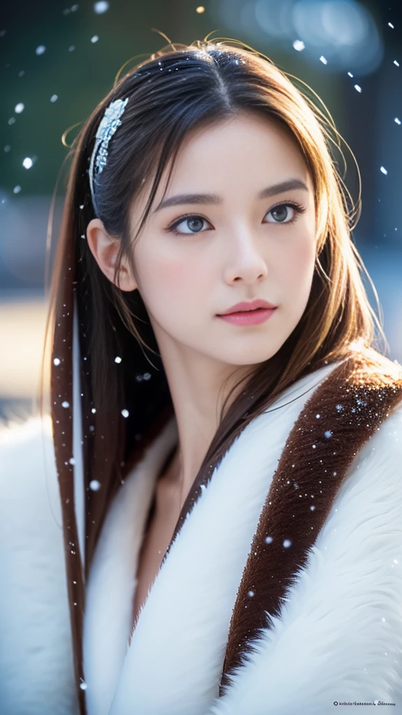 (highest quality, 8k, 32K,details are very clear),Realistic, High resolution, 1 Japanese Women, alone, (Lolita Costume),Gorgeous costumes,Facing the audience,(Upper Body,Upper limbs), Beautiful Eyes, brown hair, Ring-shaped eyes, (outside,Heavy snowfall,thick fur cape,Cover with snow),Snowfield,blue eyes,highest qualityのイラスト,Detailed facial features