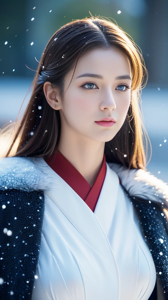 (highest quality, 8k, 32K，details are very clear),Realistic, High resolution, 1 Japanese Women, alone, (Lolita Costume)，Gorgeous costumes，Facing the audience，(Upper Body，Upper limbs)， Beautiful Eyes, brown hair, Ring-shaped eyes, (outside，Heavy snowfall，thick fur cape，Cover with snow)，Snowfield，blue eyes，highest qualityのイラスト，Detailed facial features