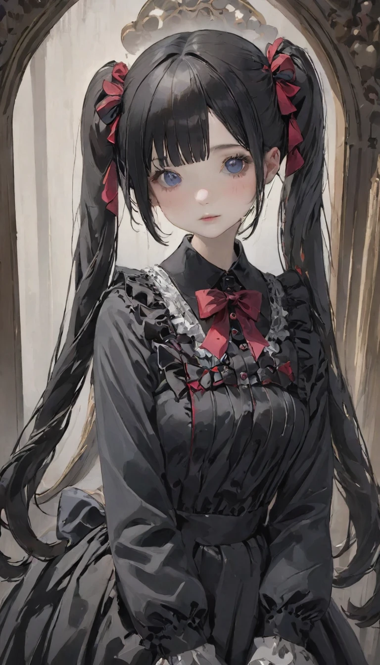 (Highest quality、masterpiece、Super detailed、一人のgirl、Cute face、Black silky hair、(((短い髪のTwin tails、ショートボブのTwin tails)))、Gray eyes、From the knee up、Gothic Lolita Fashion、Highly detailed eye、Little red cheeks and nose、Cute face、((💀、☠、girl、💀)))、Twin tails、