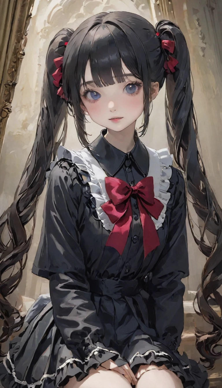 (Highest quality、masterpiece、Super detailed、一人のgirl、Cute face、Black silky hair、(((短い髪のTwin tails、ショートボブのTwin tails)))、Gray eyes、From the knee up、Gothic Lolita Fashion、Highly detailed eye、Little red cheeks and nose、Cute face、((💀、☠、girl、💀)))、Twin tails、