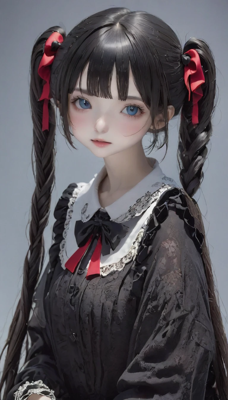 (Highest quality、masterpiece、Super detailed、一人のgirl、Cute face、Black silky hair、(((短い髪のTwin tails、ショートボブのTwin tails)))、Gray eyes、From the knee up、Gothic Lolita Fashion、Highly detailed eye、Little red cheeks and nose、Cute face、((💀、☠、girl、💀)))、Twin tails、