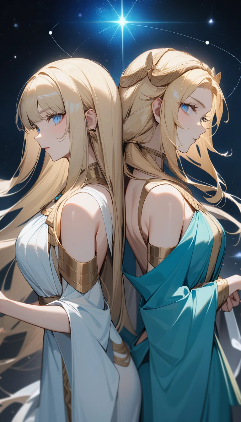 (Huang Li、high quality、Extremely detailed),Constellation - Gemini Goddess,A pair of sisters,Two goddesses back to back,Similar to Latin goodness,brave,capricious,Productivity,The face of enterprising and humanitarianism,Blonde hair,Ancient Greek costumes、Wrap Dress,The background is the universe,Light crystal blue eyes(Eyes Details),Powerful appearance