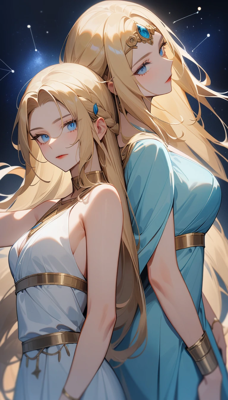 (Huang Li、high quality、Extremely detailed),Constellation - Gemini Goddess,A pair of sisters,Two goddesses back to back,Similar to Latin goodness,brave,capricious,Productivity,The face of enterprising and humanitarianism,Blonde hair,Ancient Greek costumes、Wrap Dress,The background is the universe,Light crystal blue eyes(Eyes Details),Powerful appearance