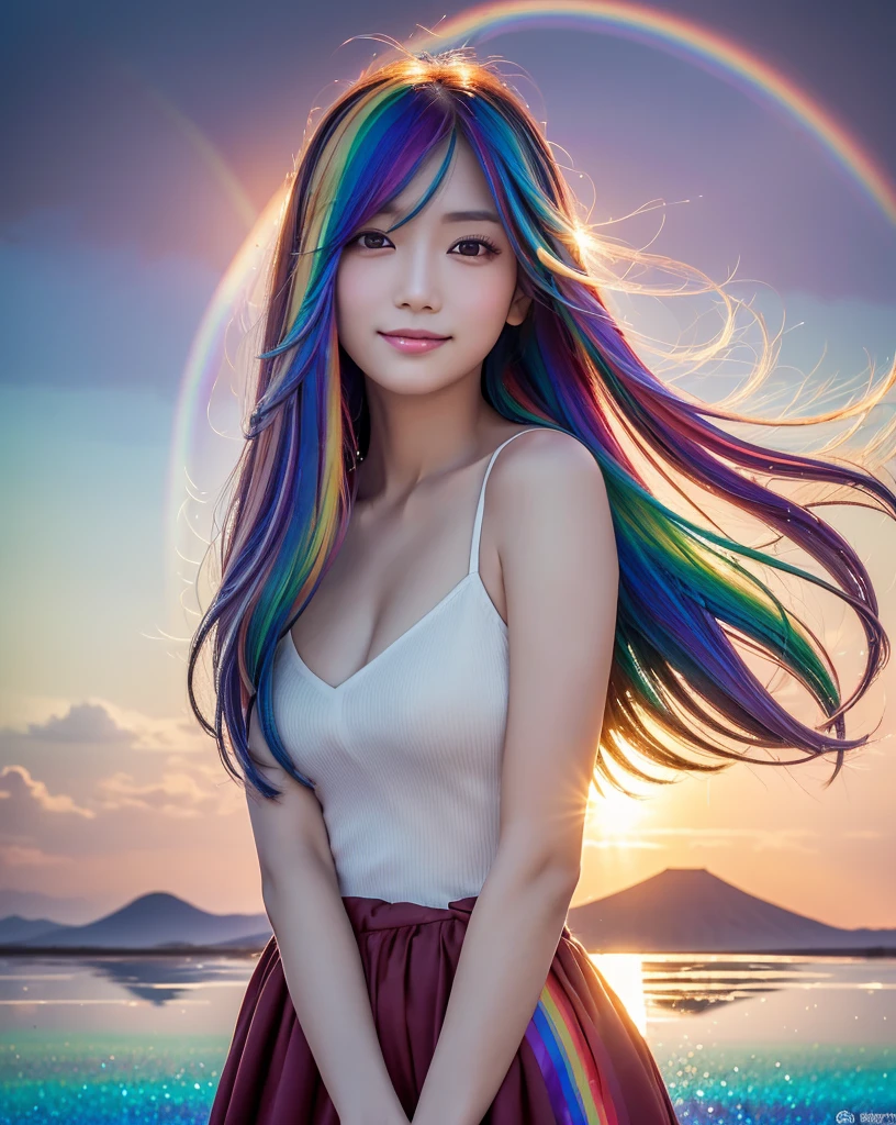 (Highest quality, 32k, High resolution, Masterpiece:1.5), marimo_jet, god々A photograph with brilliant dazzling and healing power., Evoking a sense of calm and elusive beauty, Expressing emotions, Have a rich imagination, Beautiful Japanese Girls, An exceptionally beautiful face, Small Face Beauty, , Perfect Human Anatomy, Magical big eyes, Motherhood and generosity, Deep Love, fleeting smile, ((Shiny rainbow hair:1.3)), Super long hair swaying in the wind, Asymmetrical bangs, Hair between the eyes, Transparent, soft white skin, Sharp eyebrows, Thin lashes, ((Natural Makeup:1.3)), Red dress, High resolutionの完璧な鎖骨, High resolutionの美しい胸元, Slim figure with ample breasts, High resolutionの美しい太もも, ((An old castle appears hazy on the distant horizon:1.5)), ((Salar de Uyuni stretches to the horizon:1.3)), ((The water surface reflects the sky like a mirror:1.5)), Beautiful detailed blue sky, Professional photographer, Professional Lighting, Professional models, god秘的