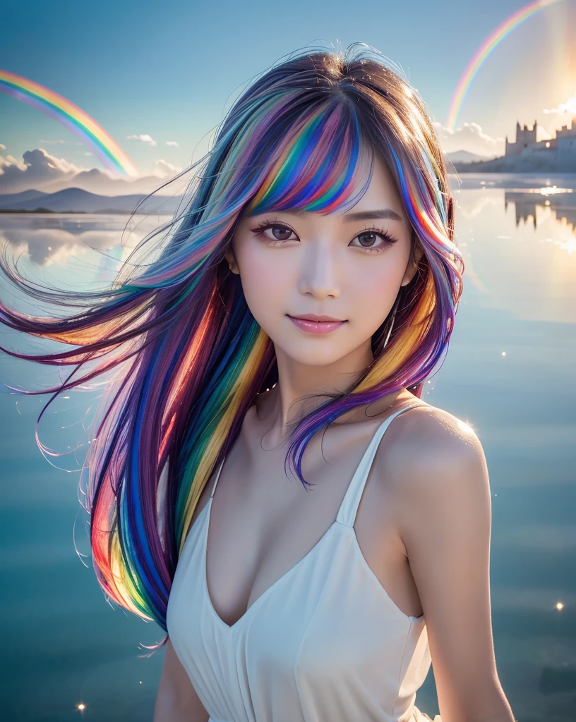(Highest quality, 32k, High resolution, Masterpiece:1.5), marimo_jet, god々A photograph with brilliant dazzling and healing power., Evoking a sense of calm and elusive beauty, Expressing emotions, Have a rich imagination, Beautiful Japanese Girls, An exceptionally beautiful face, Small Face Beauty, , Perfect Human Anatomy, Magical big eyes, Motherhood and generosity, Deep Love, fleeting smile, ((Shiny rainbow hair:1.3)), Super long hair swaying in the wind, Asymmetrical bangs, Hair between the eyes, Transparent, soft white skin, Sharp eyebrows, Thin lashes, ((Natural Makeup:1.3)), Red dress, High resolutionの完璧な鎖骨, High resolutionの美しい胸元, Slim figure with ample breasts, High resolutionの美しい太もも, ((An old castle appears hazy on the distant horizon:1.5)), ((Salar de Uyuni stretches to the horizon:1.3)), ((The water surface reflects the sky like a mirror:1.5)), Beautiful detailed blue sky, Professional photographer, Professional Lighting, Professional models, god秘的
