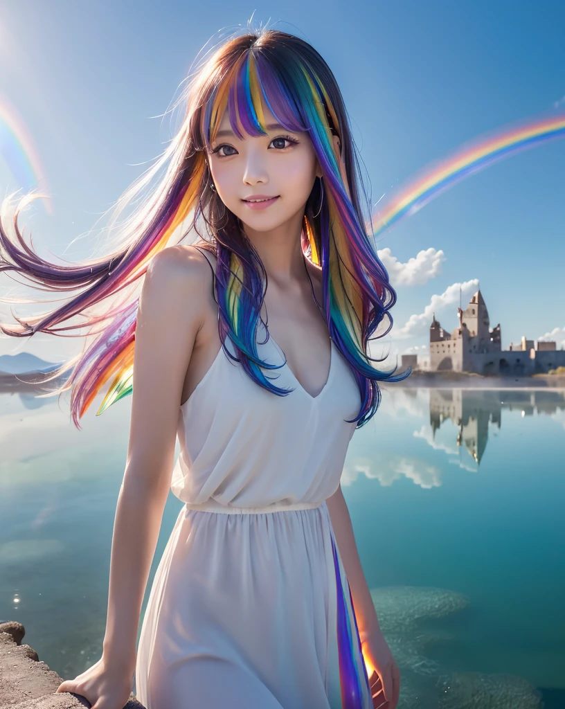 (Highest quality, 32k, High resolution, Masterpiece:1.5), marimo_jet, god々A photograph with brilliant dazzling and healing power., Evoking a sense of calm and elusive beauty, Expressing emotions, Have a rich imagination, Beautiful Japanese Girls, An exceptionally beautiful face, Small Face Beauty, , Perfect Human Anatomy, Magical big eyes, Motherhood and generosity, Deep Love, fleeting smile, ((Shiny rainbow hair:1.3)), Super long hair swaying in the wind, Asymmetrical bangs, Hair between the eyes, Transparent, soft white skin, Sharp eyebrows, Thin lashes, ((Natural Makeup:1.3)), Red dress, High resolutionの完璧な鎖骨, High resolutionの美しい胸元, Slim figure with ample breasts, High resolutionの美しい太もも, ((An old castle appears hazy on the distant horizon:1.5)), ((Salar de Uyuni stretches to the horizon:1.3)), ((The water surface reflects the sky like a mirror:1.5)), Beautiful detailed blue sky, Professional photographer, Professional Lighting, Professional models, god秘的