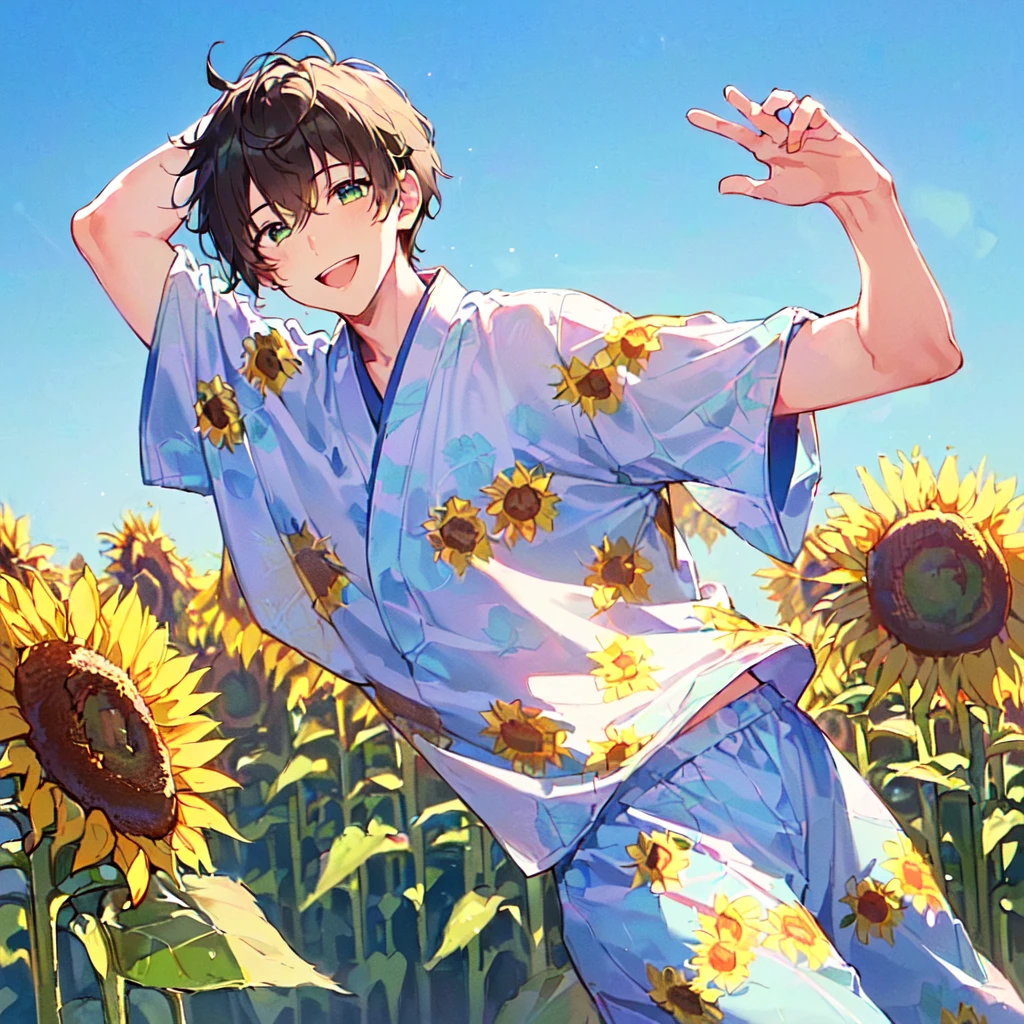 masterpiece, best quality, high quality, extremely detailed, (1 male age 30, solo: 1.5), (short short hair up to neck, bangs up to eyes: 1.5), (hair color brown), (eyes yellowish green: 1.3), 8 head tall, slender nose, expression (yukata short sleeve sunflower print in summer with pants: 1.3), (running), (dynamic pose), (smiling: 1.3), (background sunflower field: 1.3), (blue sky: 1.3)