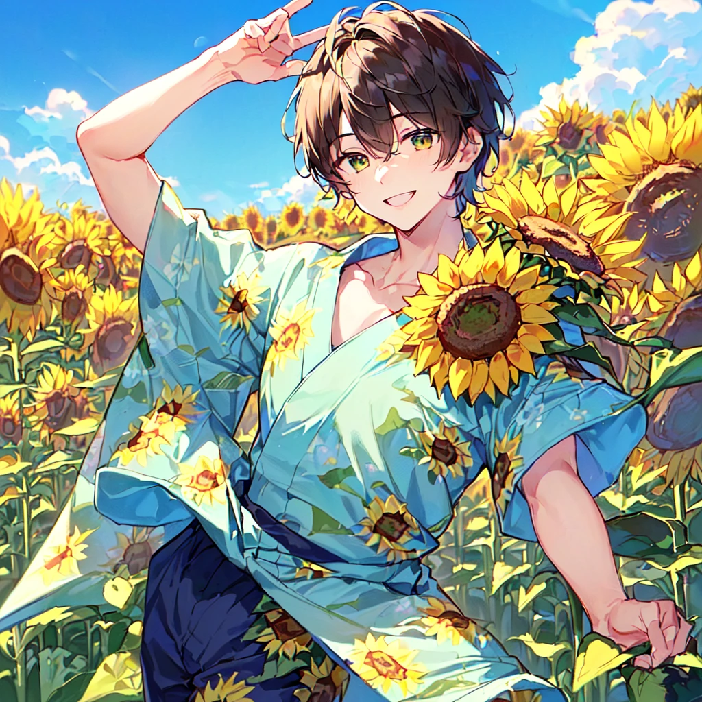 masterpiece, best quality, high quality, extremely detailed, (1 male age 30, solo: 1.5), (short short hair up to neck, bangs up to eyes: 1.5), (hair color brown), (eyes yellowish green: 1.3), 8 head tall, slender nose, expression (yukata short sleeve sunflower print in summer with pants: 1.3), (running), (dynamic pose), (smiling: 1.3), (background sunflower field: 1.3), (blue sky: 1.3)
