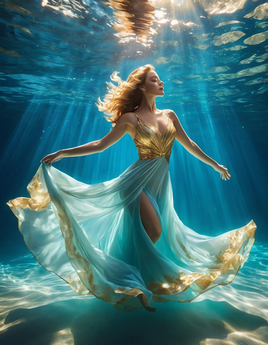 On a sunny day (a charming woman floating in the blue sea water wearing a full evening dress), with folded waist, underwater artistic gymnastics, underwater photography, ethereal atmosphere, stylish underwater lighting, the best quality, high resolution, Ultrathin, photographic realism: 1.37, Estilo Shaw, Estilo Zena Holloway, vibrant colors in a dreamy palette, soft golden sunlight shining through the water, creating a heavenly light. The ocean surface is bright and lush, and the flowing fabric of the evening dress swirls gracefully in the water. Woman's charming look, Charming and expressive eyes, and long hair fluttering gently The ground floats in the water, creating a magical and light atmosphere, with subtle hints of sea creatures, like colorful fish or delicate corals, Capturing the tranquility and tranquility suspended in the water, elegance and sophistication intertwined with the natural beauty of the ocean, women exude elegance and confidence, easily blending into the aquatic environment.