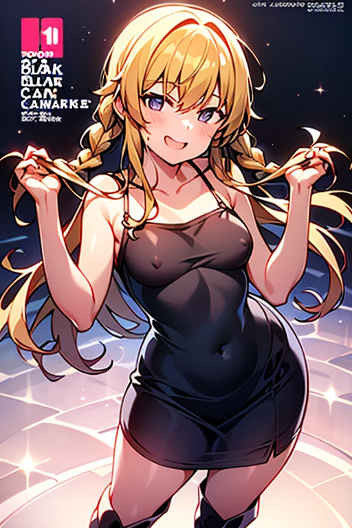 (small breasts:1.2), (perky chest:1.2), (pointed chest:1.2), (Pudding cake magazine cover:1.3),(from above:1.0),(shoot from the side:1.1),masterpiece, 1girl, Amazing Cleavage:1.1, thin waist, optimum,tmasterpiece,hight resolution,best qualtiy,hyper HD,super detailing,awardwinning,a 18yo cute girl,(The upper part of the body),anatomy correct,Beautiful Black miniskirt,garters,Gaze,Small face,bangss,holster,Beautuful Women,hands up,leg holster,Gaze,black boots,Cowboy Shot,cute face,a blond,Longhaire,Twin-tailed,Braids, Hairline,(scarlet eyes),long eyelasher,Hanging eye corners,White skin of the, ((see through camisole:1.1)), ((Sheer nipples:1.0)),Rocket Tits,(Slim body),smile,seductive weak smiling,(with sparkling eyes and a contagious smile),little open mouth, Looking at Viewer,