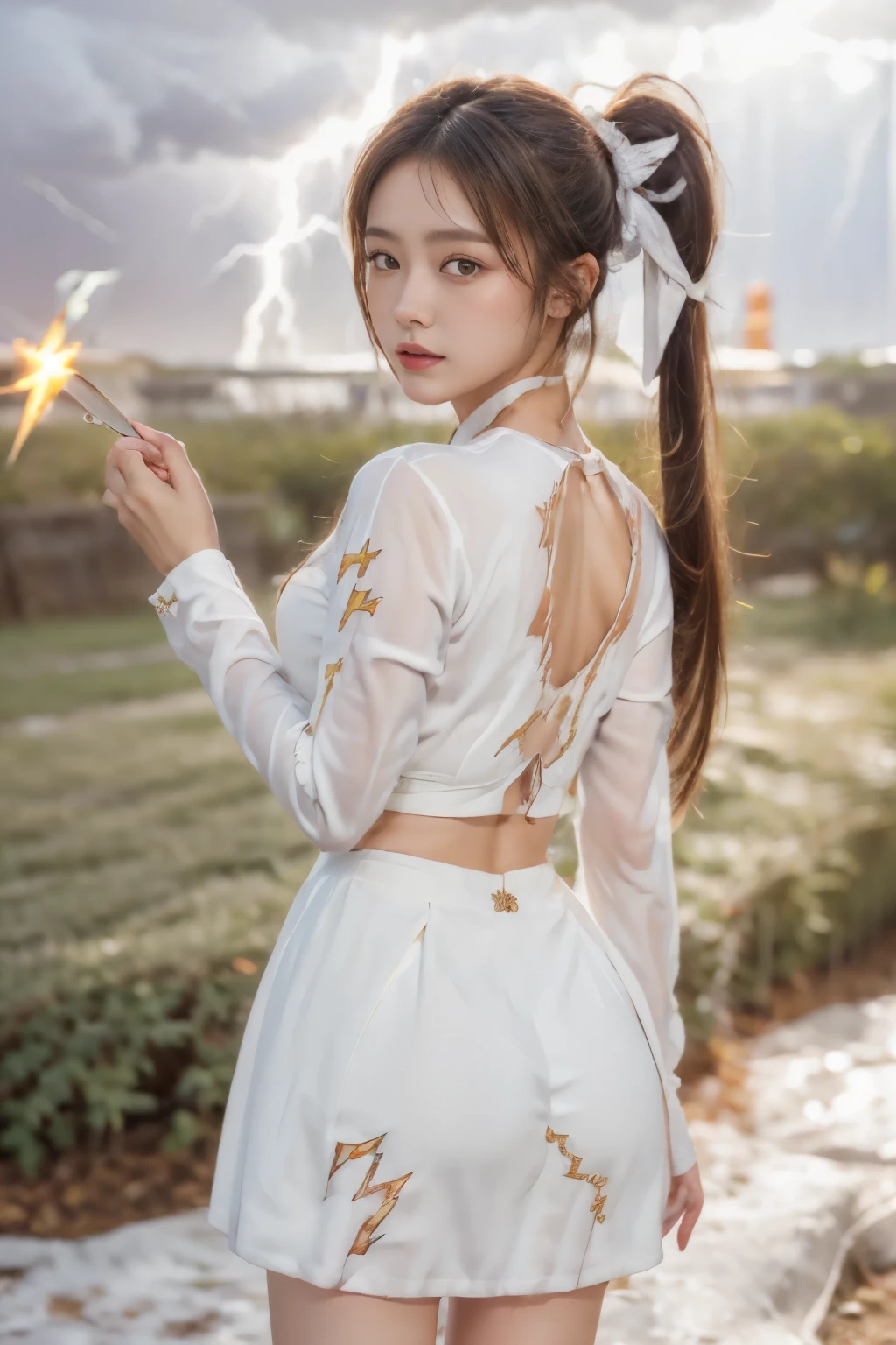 best quality、masterpiece、Ultra-high resolution、(Photorealism:1.4)、RAW photos、Delicate CG quality、Cyberpunk、Beautiful feces、(1 Magical Girl)、16 years old, (Double ponytail brown hair:1.4), (White ribbon to stop hair), (Platinum and silver jewelry:1.4)、(White school uniform:1.4)、(Big breasts and thin waist)、(Purple Eyes:1.3), (Shining eyes), (Mysterious power:1.2), (Flying close to the ground at high speed:1.4), (Holding a white magic wand:1.4), ((A pale and fierce ball of light emanated from the wand.:1.4)), (Lightning shoots out of my body:1.4)、detailed portrait、8K picture quality、Vibrant colors、Concept Art、and dramatic atmosphere、Clear focus、Volumetric Lighting、light、Dressed in studio quality、(Neon)、Boundary depth written、Ambient Lighting、Blurred foreground、Blurred background:1.3, (Rainy night:1.4), (((Severe lightning strikes:1.4))), Delicate CG quality, 8mm fisheye lens, The angle of looking from the bottom up:1.2, (Full body angle), Soaked, High-speed shutter,