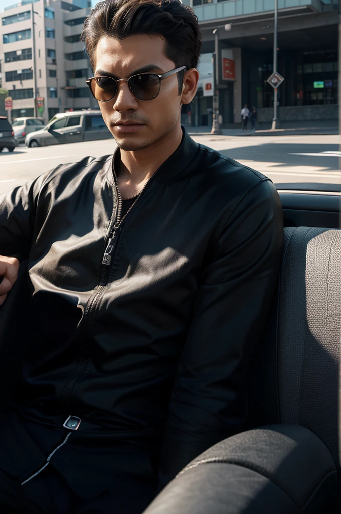 Realistic 3D caricature, a young man driving a hyundi car. 
Memakai kacamata khas jawa. 
Wear sunglasses. 
Urban background
