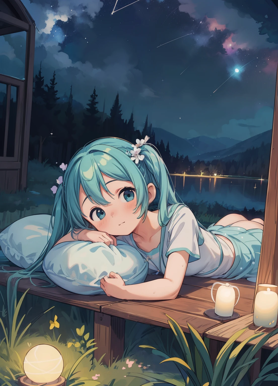 (masterpiece、Highest quality、Highest quality、Official Art、Beautiful and beautiful:1.2)、(One girl:1.3)Hatsune Miku、Twin tails,Beautiful breasts,Night Sky、milky way、Tanabata、Orihime、Altair、Deneb、altair、Vega、Summer Great Triangle、Night Skyを見上げる、Lying in the steppe