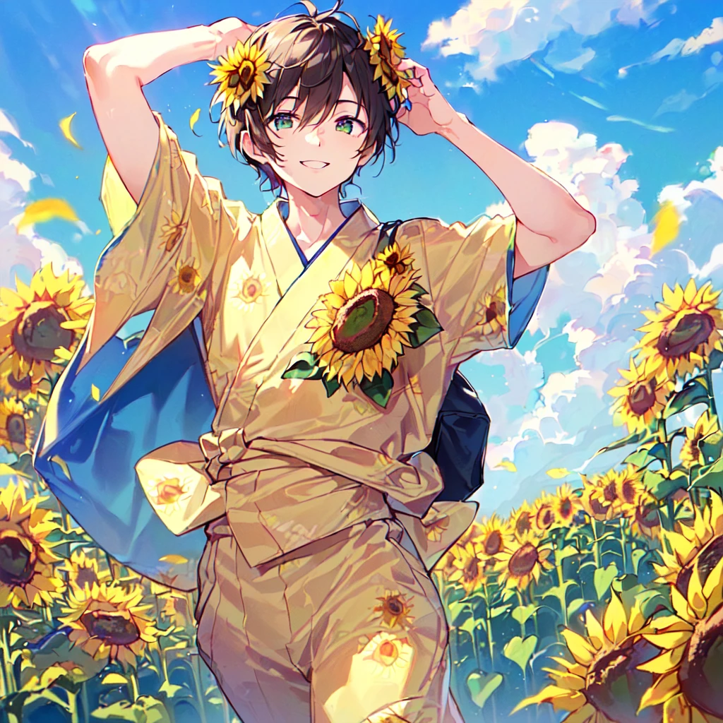 masterpiece, best quality, high quality, extremely detailed, (1 male age 30, solo: 1.5), (short short hair up to neck, bangs up to eyes: 1.5), (hair color brown), (eyes yellowish green: 1.3), 8 head tall, slender nose, expression (yukata short sleeve sunflower print in summer with pants: 1.3), (running), (dynamic pose), (smiling: 1.3), (background sunflower field: 1.3), (blue sky: 1.3)