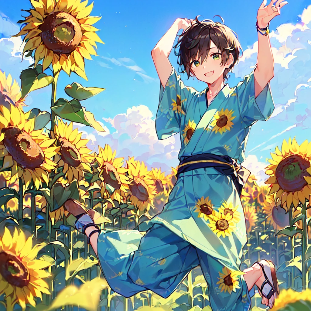 masterpiece, best quality, high quality, extremely detailed, (1 male age 30, solo: 1.5), (short short hair up to neck, bangs up to eyes: 1.5), (hair color brown), (eyes yellowish green: 1.3), 8 head tall, slender nose, expression (yukata short sleeve sunflower print in summer with pants: 1.3), (running), (dynamic pose), (smiling: 1.3), (background sunflower field: 1.3), (blue sky: 1.3)