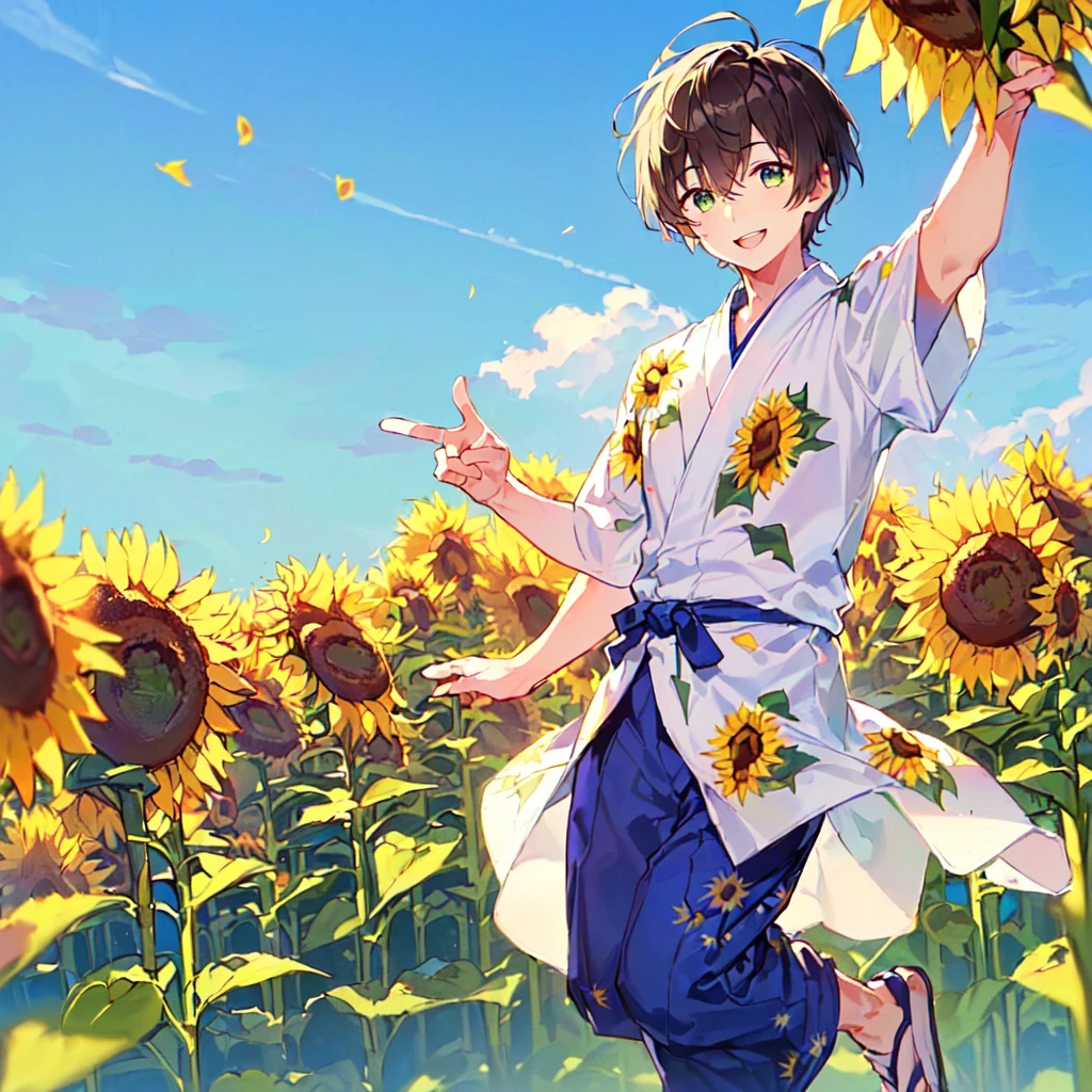 masterpiece, best quality, high quality, extremely detailed, (1 male age 30, solo: 1.5), (short short hair up to neck, bangs up to eyes: 1.5), (hair color brown), (eyes yellowish green: 1.3), 8 head tall, slender nose, expression (yukata short sleeve sunflower print in summer with pants: 1.3), (running), (dynamic pose), (smiling: 1.3), (background sunflower field: 1.3), (blue sky: 1.3)