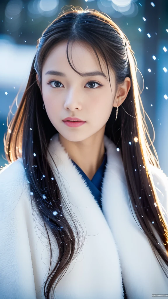 (highest quality, 8k, 32K,details are very clear),Realistic, High resolution, 1 Japanese Women, alone, (Lolita Costume),Gorgeous costumes,Facing the audience,(Upper Body,Upper limbs), Beautiful Eyes, brown hair, Ring-shaped eyes, (outside,Heavy snowfall,thick fur cape,Cover with snow),Snowfield,blue eyes,highest qualityのイラスト,Detailed facial features