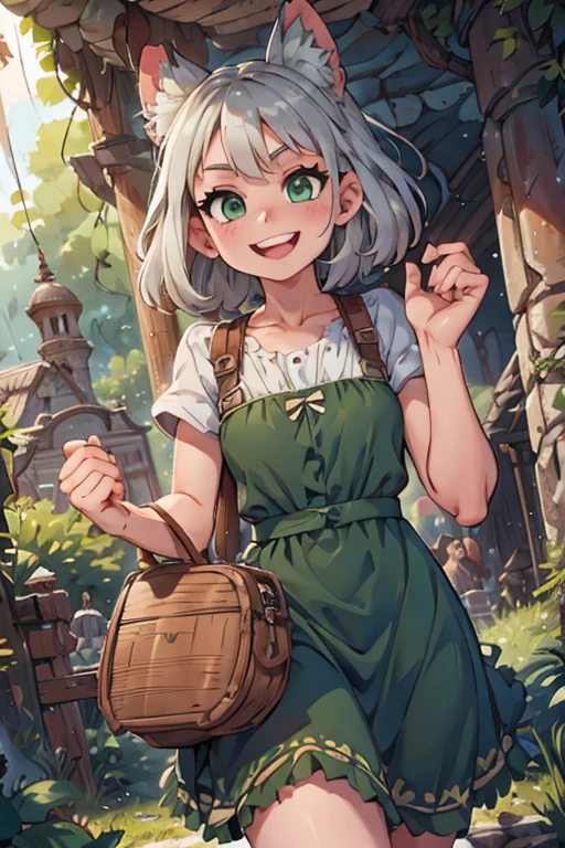 perfect face, perfect hands. A silver haired girl with green eyes in a Gothic dress is exploring a cave with a big smile
