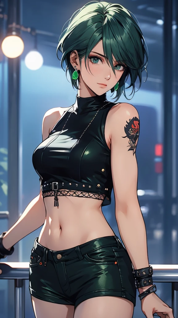 1 Female, Tamaki, green short hair, hair between eyes, (detailed eyes:1.3), squinting, Punk Fashion, (boyish:0.9), cowboy shot, Lots of earrings