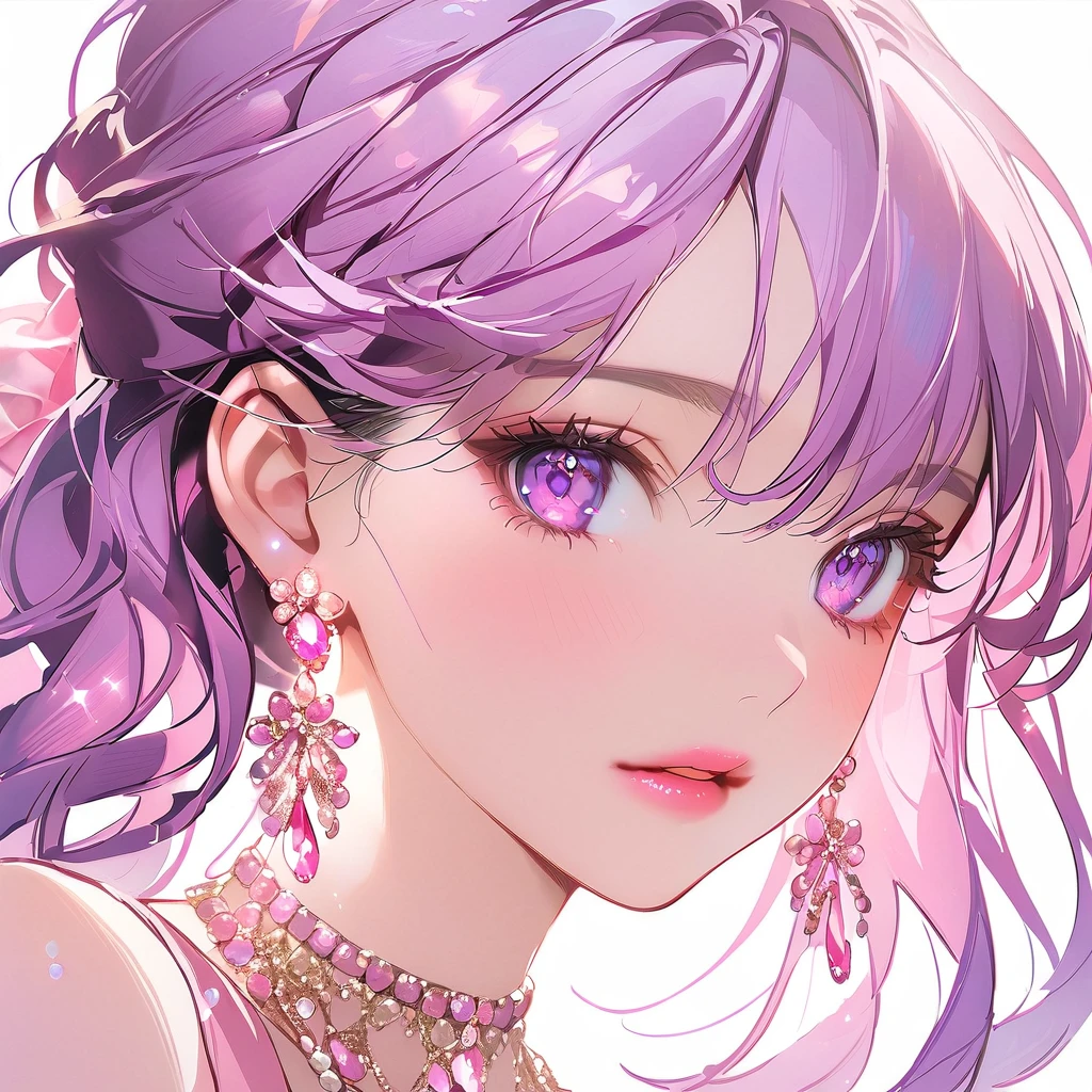 1girl, closeup, purple eyes, pink eyes, purple hair, diamond earrings, diamond necklace, pink lips, gorgeous, shining, glitter, beautiful face, pink theme