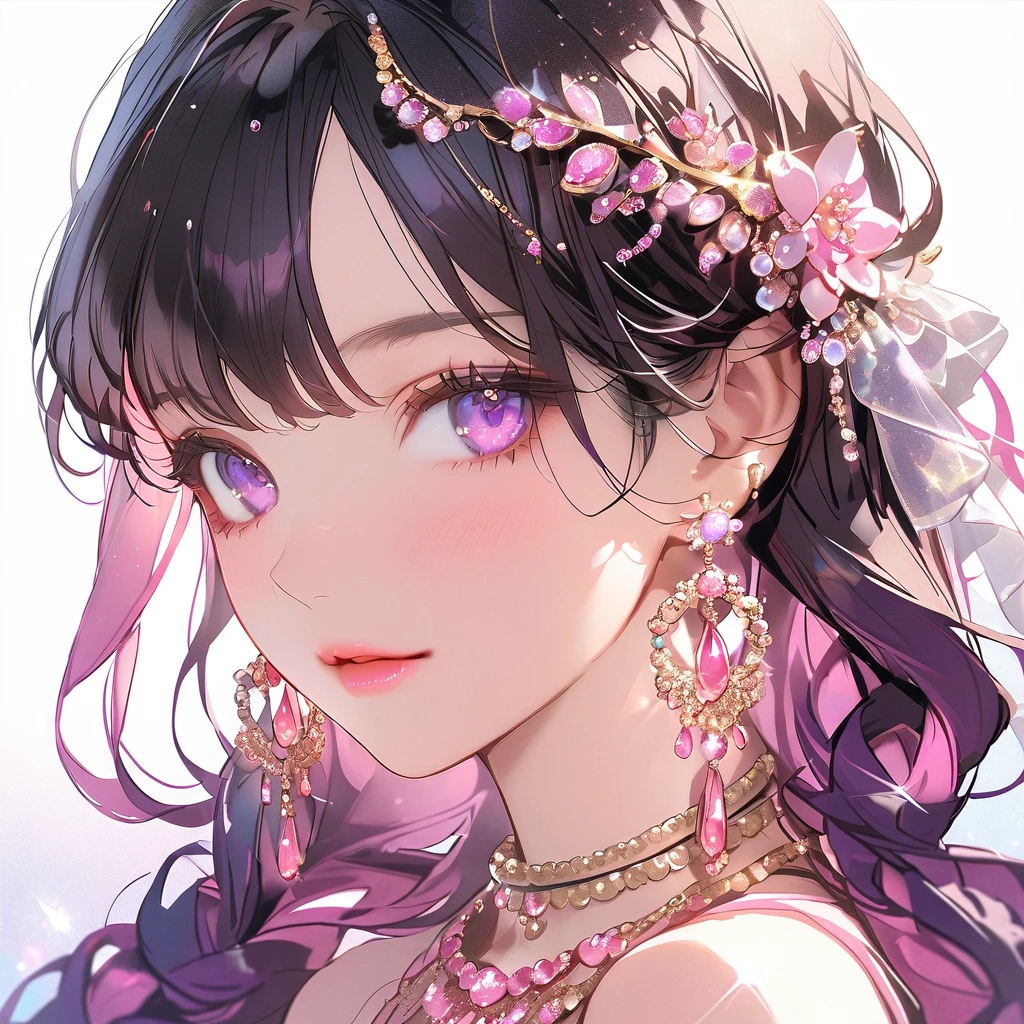 1girl, closeup, purple eyes, pink eyes, purple hair, diamond earrings, diamond necklace, pink lips, gorgeous, shining, glitter, beautiful face, pink theme