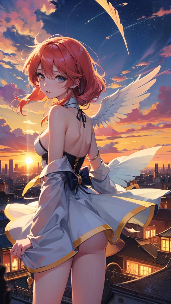 Highest quality, masterpiece, Ultra-high resolution,Anime girl with wings flying overlooking the city at dusk, Spread your wings, Beautiful anime artwork, anime art wallpaper 4k, anime art wallpaper 4k, Beautiful anime art, She has angel wings on her back, Anime Art Wallpapers 8K, Magnificent angel wings, Anime Style 4k, by Yuumei, Spectacular artwork of anime, Wings made of light, Beautiful angel girl