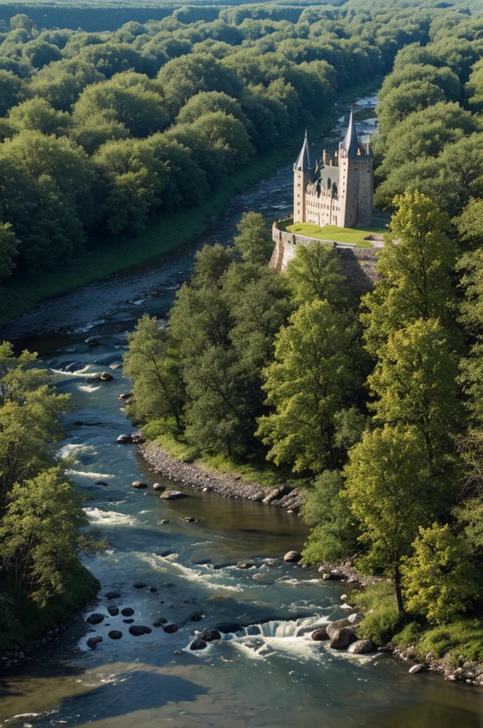 A slanting castle in the middle of a river and a stream.