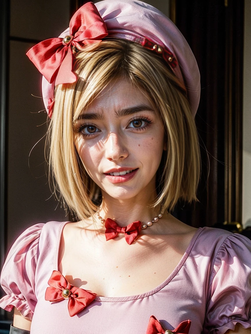 (1 lady), The beautiful, (Best quality at best:1.4), (ultra - detailed), (extremely detailed CG unified 16k), gold blonde hair, very detailed, High-definition RAW color photo, professional photoshooting, amazing face and eyes, cosmetics, (amazingly beautiful girl), ((lambdadelta, tall woman, taller)), ((dress, red bow, pink hat, necklace, gloves, pearl, pink dress)), standing, realistic cinematic face, photo portrait, upper body (shoulders to head), photorealistic, ((realistic natural blonde hair style, red eyes)), gorgeous, extremely beautiful face, perfect model beauty, pout mouth, flirting smile, cleavages, city girl, western, (masterpiece), best quality, high resolution, extremely detailed, blurred background, depth of field, cinematic lighting, clear and well-cared skin