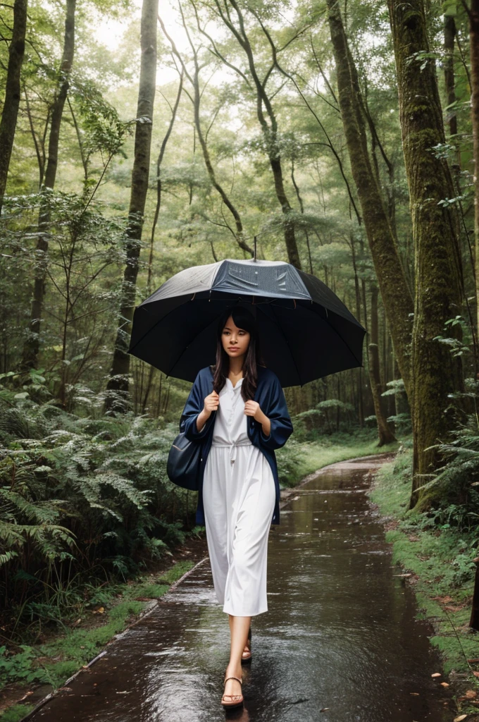 A girl walking in the rain with an umbrella in a beautiful forest with a beautiful scene