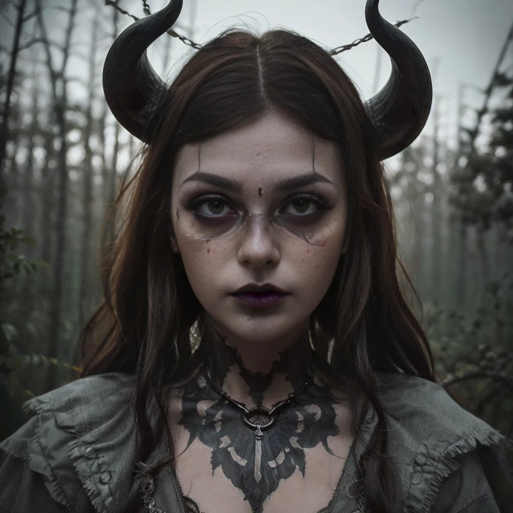 (Best Quality,hight resolution,Masterpiece, portrait:1.2),Ultra-detailed,blonde demon woman with black metal make-up,sickly, standing with a desolated land in the background, she's wearing a viking helmet with deer horns, desolated landscape in the background, black dripping make up, black metal make-up, demon woman with deer horns, close up portrait, viking witch aesthetic, nordic traits, cinematic portrait shot, horror vibes, centered subject,gloomy ecstasy,fetish,dark gloomy atmosphere, creepy atmosphere, gritty texture,Retro-atmosphere,warped reality,melancholic expression on his face,mysterious aura,foggy atmosphere,foggy background,Subtle color palette,provocative pose,Strong emotions,Coming Out of the Depths of Despair,Piercing gaze,intense shadows,Plunged in Darkness,dark industrial aesthetic,ominous vibe,A supernatural sensation,Loss of Place in Time and Space,Eerie silence.asymmetrical hair, freckles, blonde hair, Bangs, freckles, gray eyes,