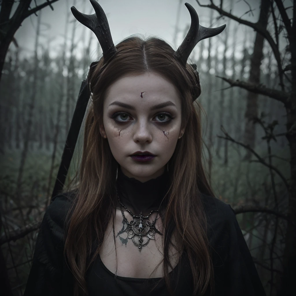 (Best Quality,hight resolution,Masterpiece, portrait:1.2),Ultra-detailed,blonde demon woman with black metal make-up,sickly, standing with a desolated land in the background, she's wearing a viking helmet with deer horns, desolated landscape in the background, black dripping make up, black metal make-up, demon woman with deer horns, close up portrait, viking witch aesthetic, nordic traits, cinematic portrait shot, horror vibes, centered subject,gloomy ecstasy,fetish,dark gloomy atmosphere, creepy atmosphere, gritty texture,Retro-atmosphere,warped reality,melancholic expression on his face,mysterious aura,foggy atmosphere,foggy background,Subtle color palette,provocative pose,Strong emotions,Coming Out of the Depths of Despair,Piercing gaze,intense shadows,Plunged in Darkness,dark industrial aesthetic,ominous vibe,A supernatural sensation,Loss of Place in Time and Space,Eerie silence.asymmetrical hair, freckles, blonde hair, Bangs, freckles, gray eyes,