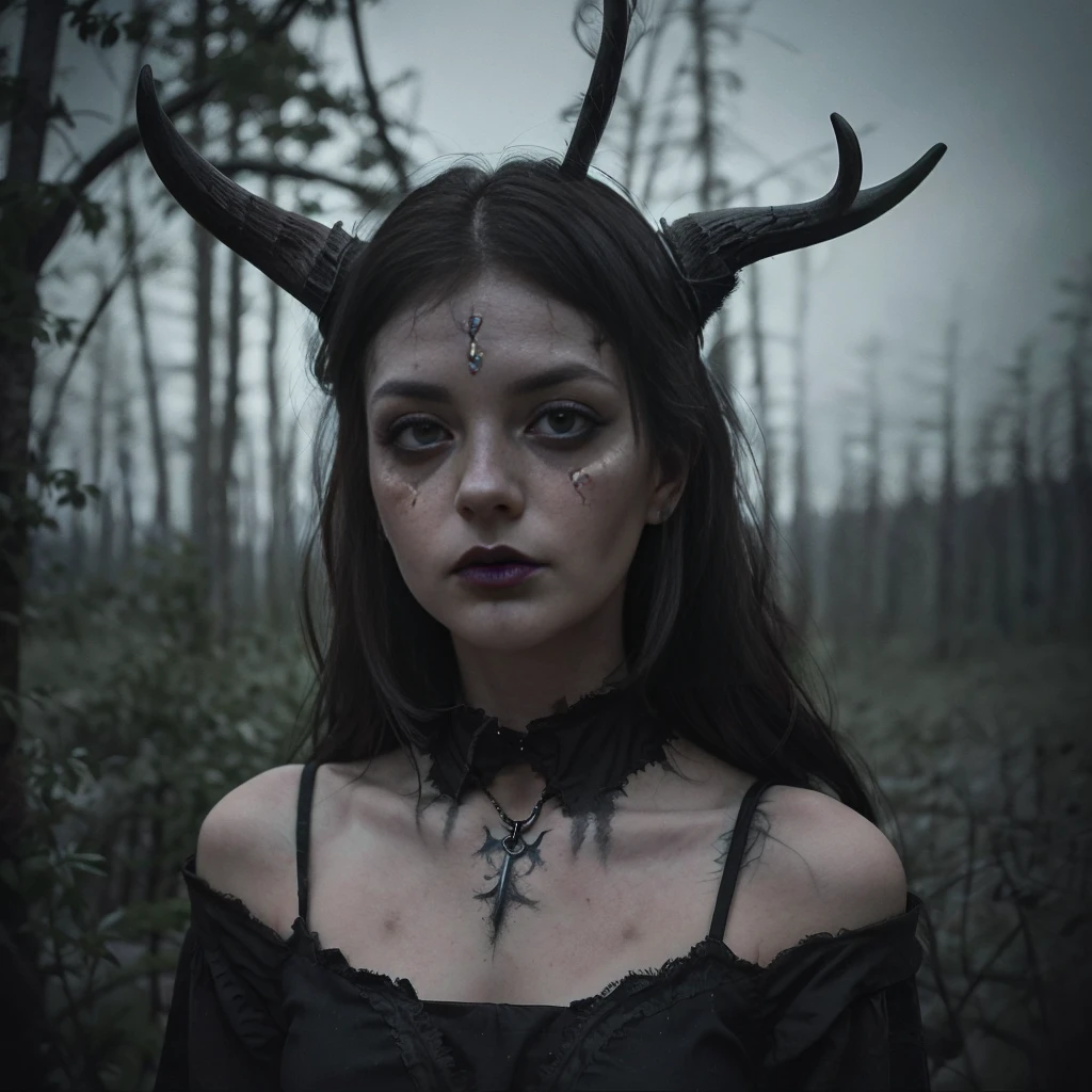 (Best Quality,hight resolution,Masterpiece, portrait:1.2),Ultra-detailed,blonde demon woman with black metal make-up,sickly, standing with a desolated land in the background, she's wearing a viking helmet with deer horns, desolated landscape in the background, black dripping make up, black metal make-up, demon woman with deer horns, close up portrait, viking witch aesthetic, nordic traits, cinematic portrait shot, horror vibes, centered subject,gloomy ecstasy,fetish,dark gloomy atmosphere, creepy atmosphere, gritty texture,Retro-atmosphere,warped reality,melancholic expression on his face,mysterious aura,foggy atmosphere,foggy background,Subtle color palette,provocative pose,Strong emotions,Coming Out of the Depths of Despair,Piercing gaze,intense shadows,Plunged in Darkness,dark industrial aesthetic,ominous vibe,A supernatural sensation,Loss of Place in Time and Space,Eerie silence.asymmetrical hair, freckles, blonde hair, Bangs, freckles, gray eyes,