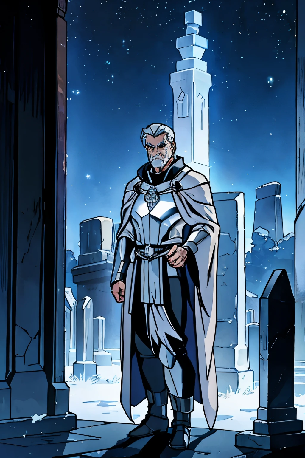 a man, tall silver hair, wearing a silver robe, Silver leg boots armor, Inside the cemetery, gazes down, night sky background