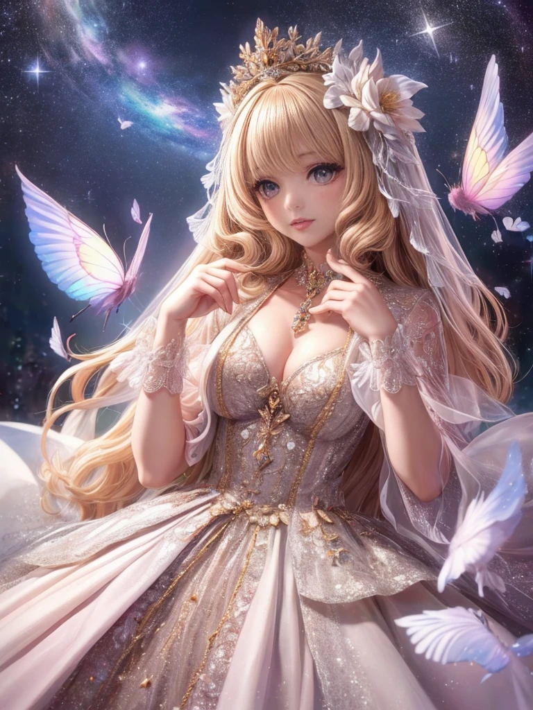 (highest quality:1.4),(masterpiece:1.4),super detailed,8K,cg,exquisite,Upper body,Lonely,thumb girl,Little Princess,flowing coat dress,garden background,detailed facial features,long curly hair,Almond Eyes,Delicate eye makeup,long fluttering eyelashes,Sparkling starry eyes,and a starry gaze, intricate lip details,soft and harmonious style.