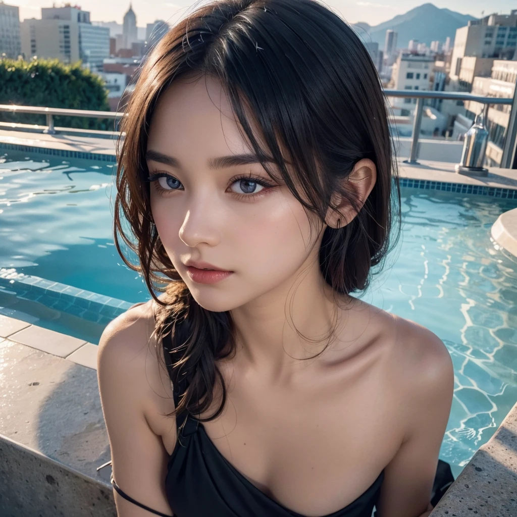 1girl, beautiful detailed eyes, beautiful detailed lips, extremely detailed face, long eyelashes, swimming pool, rooftop hotel, nature landscape, detailed architecture, evening lighting, photorealistic, 8k, high quality, cinematic, dramatic lighting, vibrant colors, (best quality,4k,8k,highres,masterpiece:1.2),ultra-detailed,(realistic,photorealistic,photo-realistic:1.37)