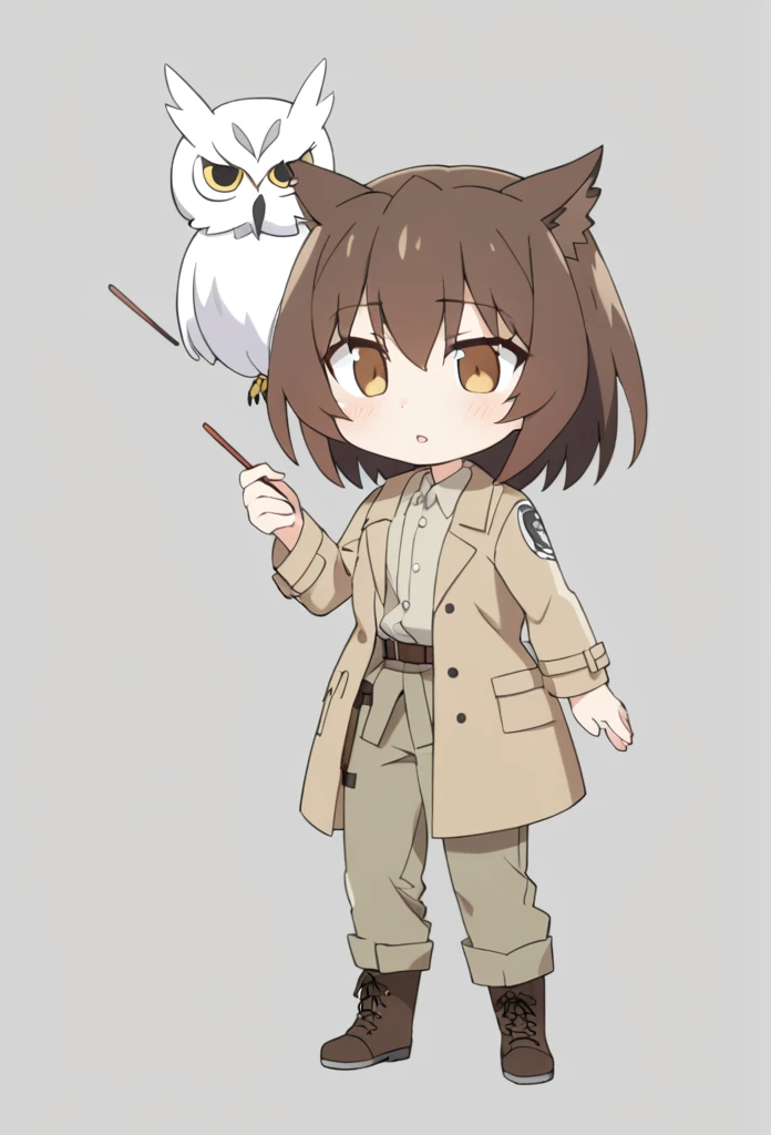 A demihuman with owl ears and a white crow mask, brown hair and slim build, He wears khaki cargo pants and a brown trench coat with brown boots and a light brown, matchstick-like goo flows from his hands..